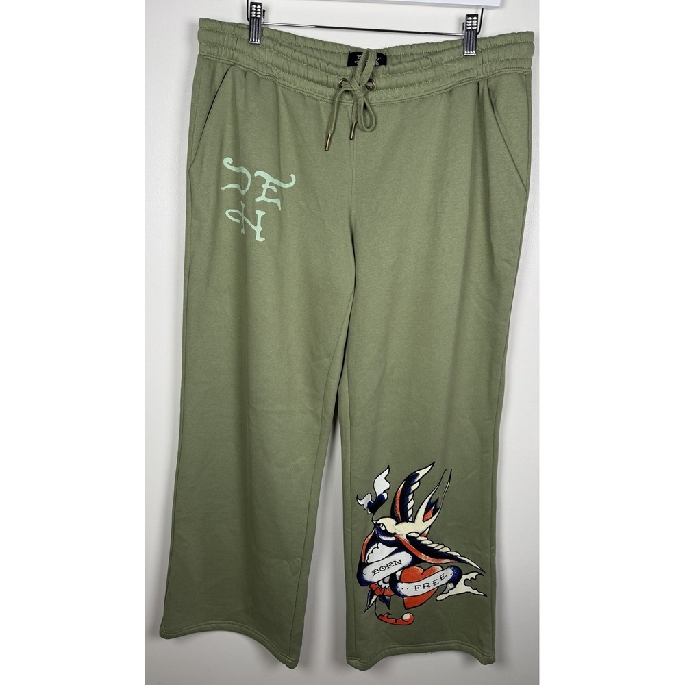ED HARDY Size XL Sage Green wide-leg Butterfly Graphic Print Cotton Sweatpants